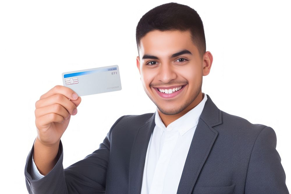 Man holding credit card smiling white background happiness.