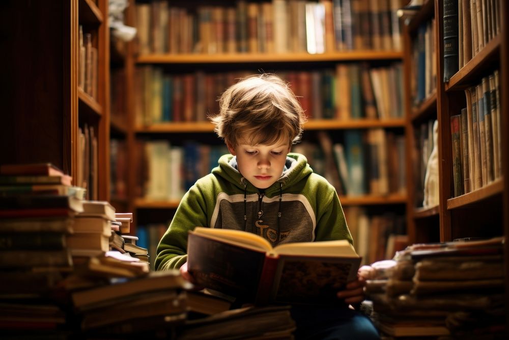 A boy reading library publication child. 