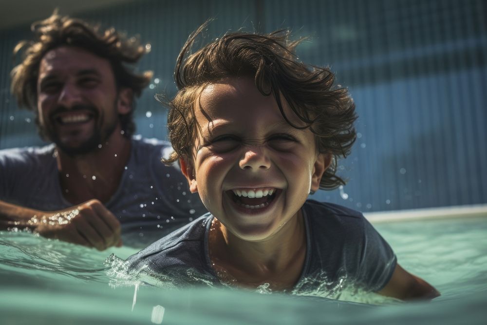 A boy swimming laughing portrait outdoors. AI generated Image by rawpixel.