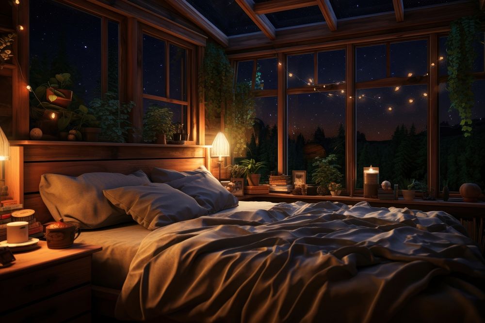 Bedroom night architecture furniture. AI generated Image by rawpixel.