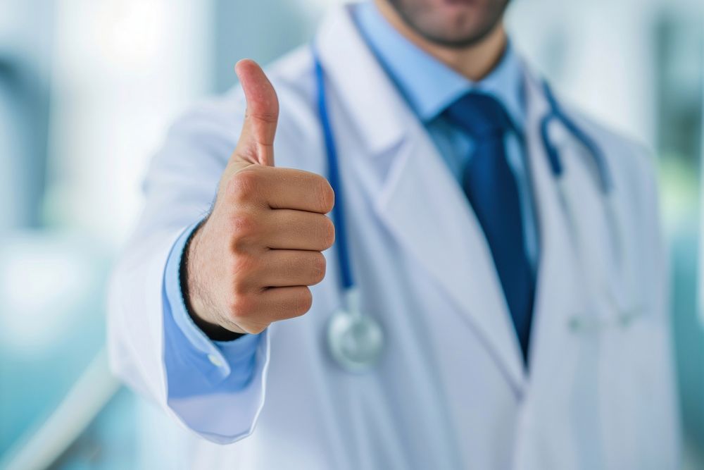 A doctor smiling with thumb up hospital finger adult.