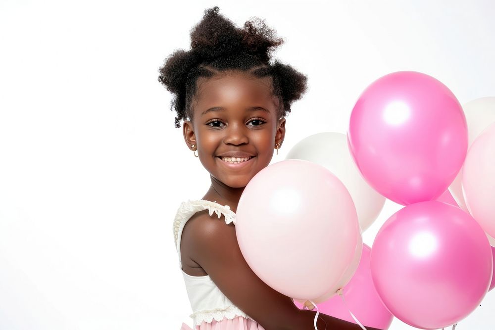 Pink and white party balloons portrait birthday child.