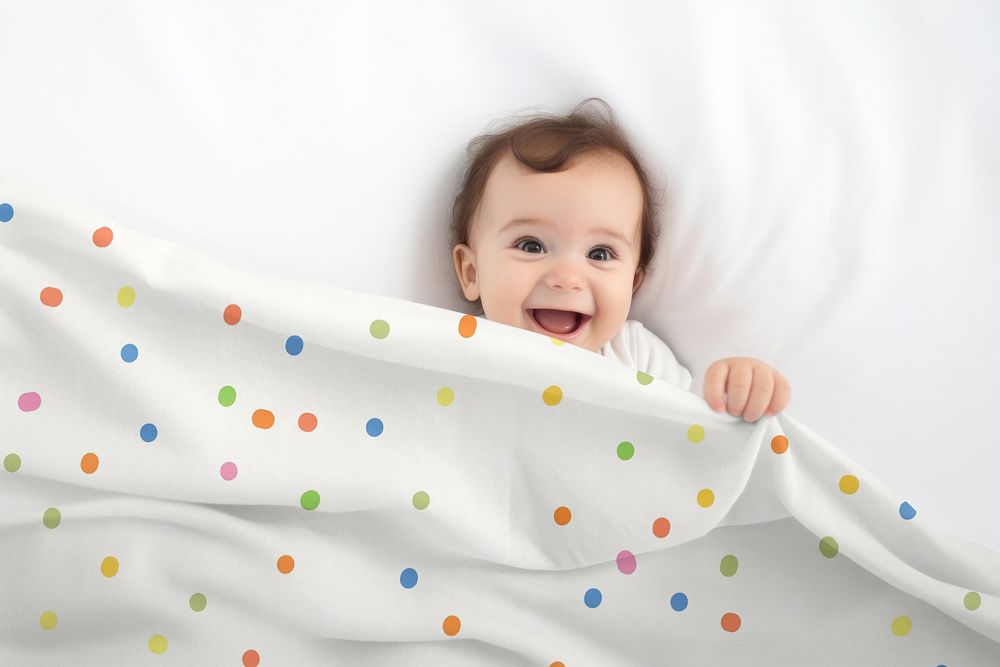 Happy baby under polka dots blanket