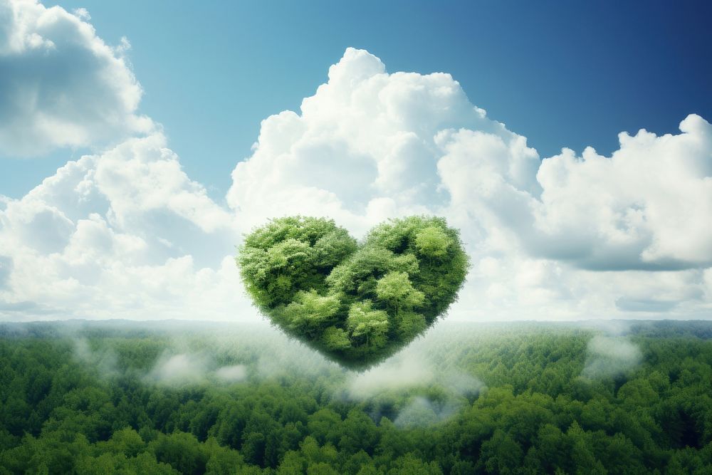 A heart shaped clouds with forest background sky landscape outdoors.