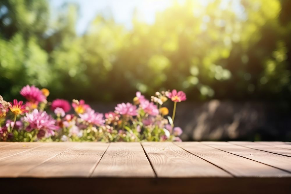 Flower garden table wood outdoors. AI generated Image by rawpixel.