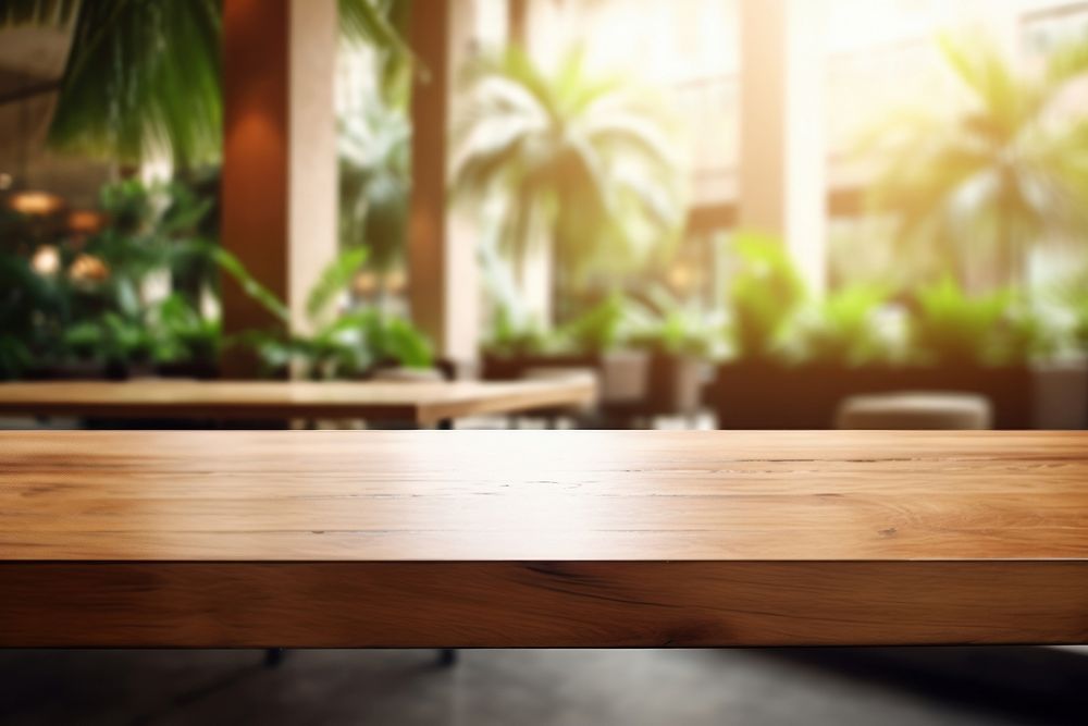 Hotel lobby table wood furniture. AI generated Image by rawpixel.