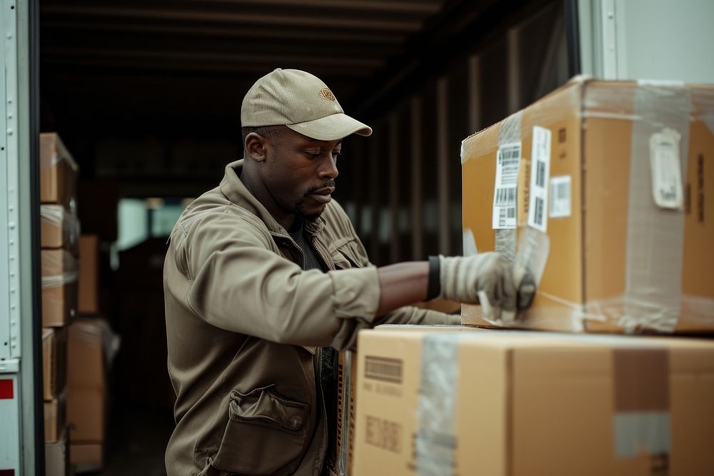 African american truck driver box cardboard loading.