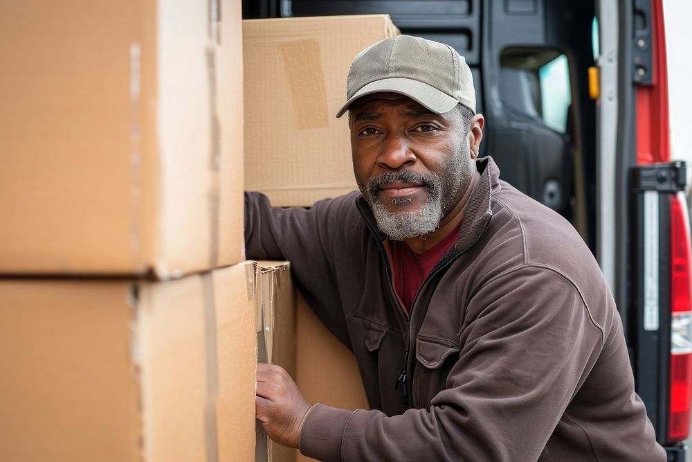 African american truck driver box cardboard adult.