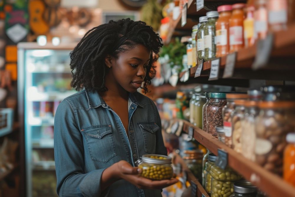 African american woman buying store food.