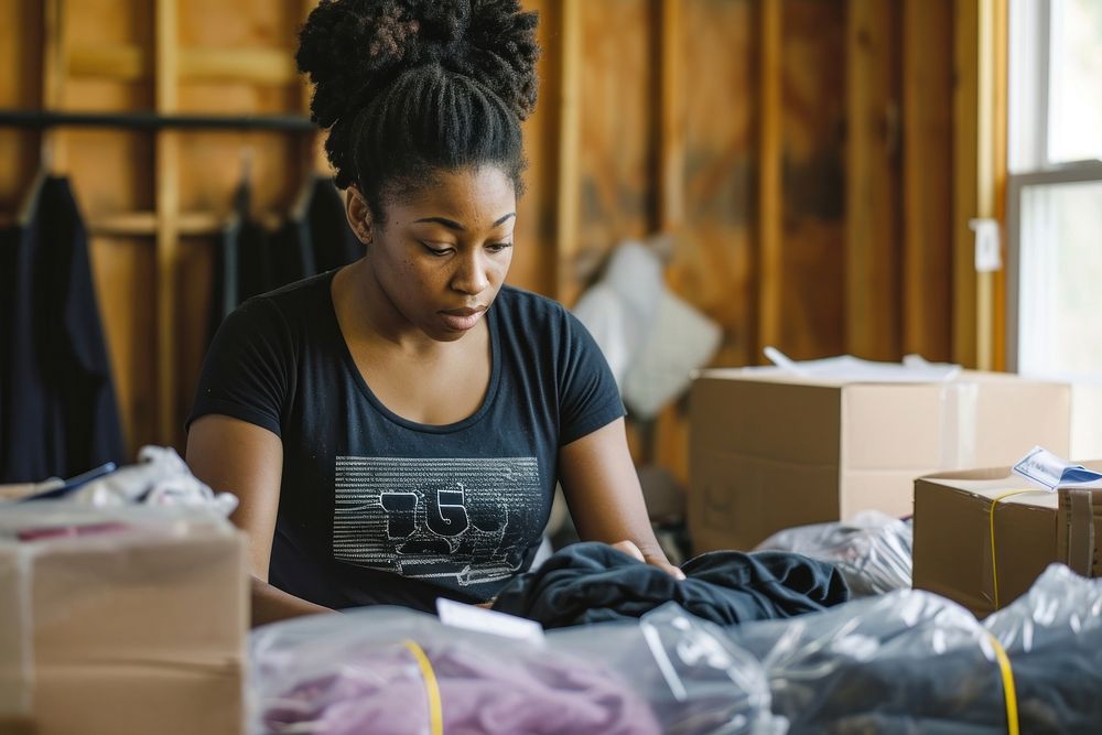 African american woman box packing small business.