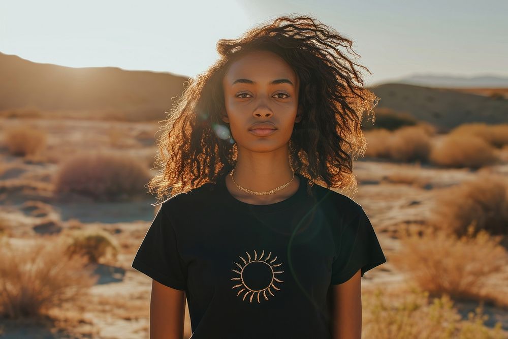 Black t-shirt with sun adult woman tranquility.