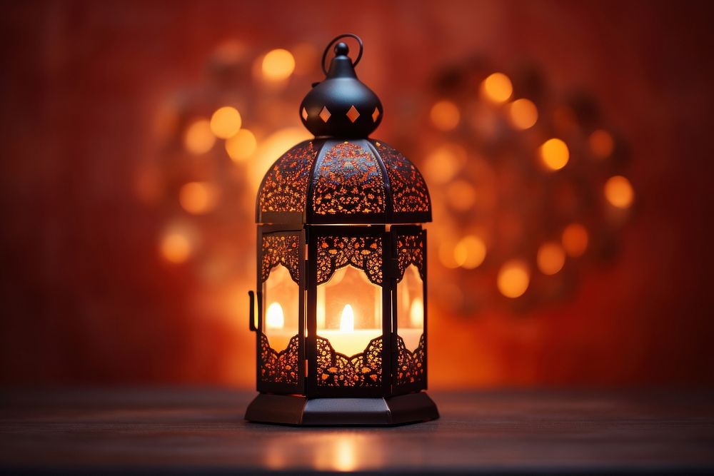 Ornamental Arabic lantern with burning candle glowing lamp illuminated celebration. AI generated Image by rawpixel.