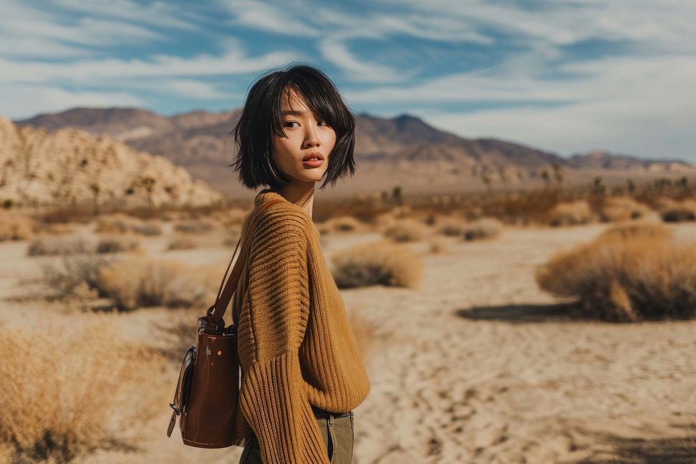 Designer bag portrait desert adult.