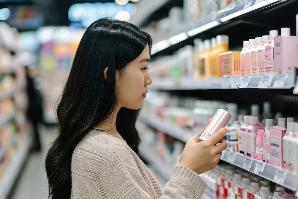 Asian american woman supermarket cosmetics buying.