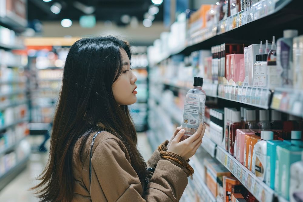Asian american woman market supermarket cosmetics.