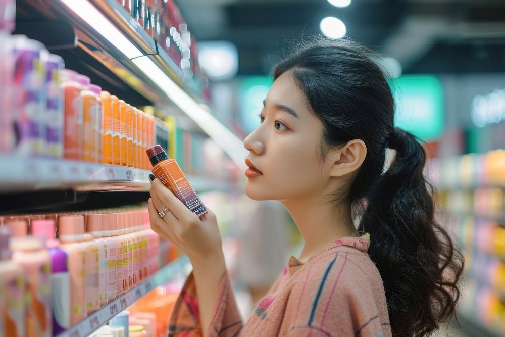 Asian american woman supermarket cosmetics buying.