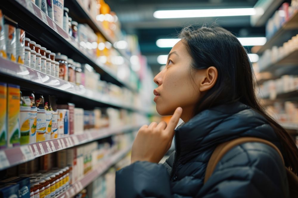 Asian american woman looking adult supermarket.