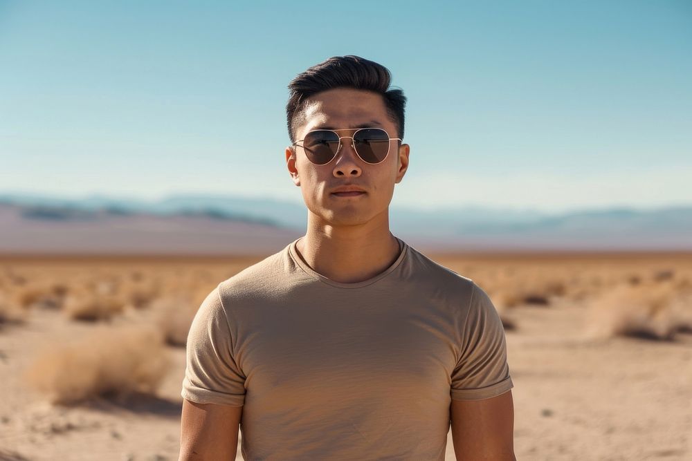 Minimalist t-shirt sunglasses portrait desert.