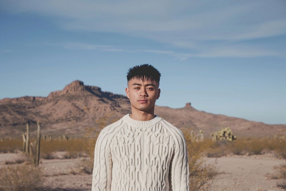 Minimalist sweater portrait desert photo.