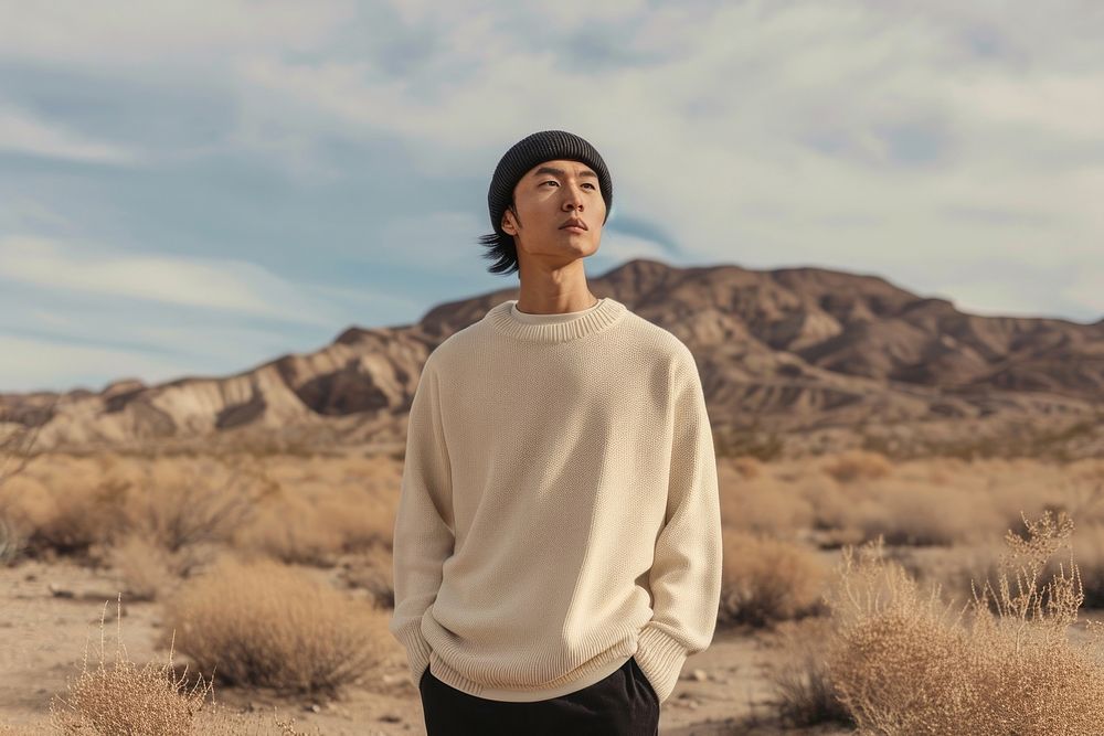Minimalist sweater portrait outdoors desert.