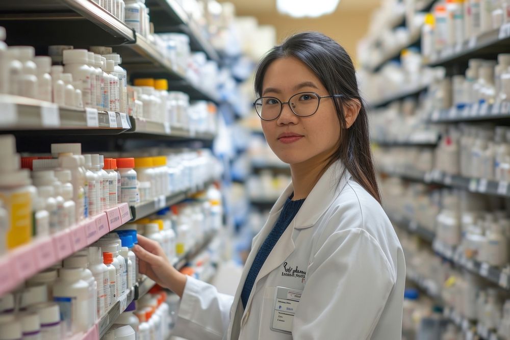 Asian american pharmacist pharmacy glasses adult.