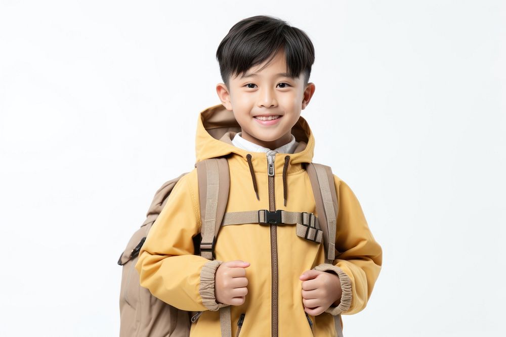 Asian kid traveler smiling jacket child.