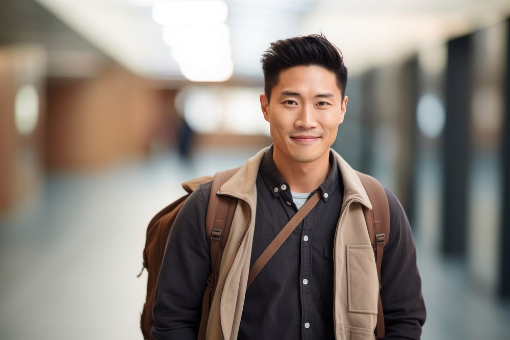 Asian man carrying backpack smiling smile adult.