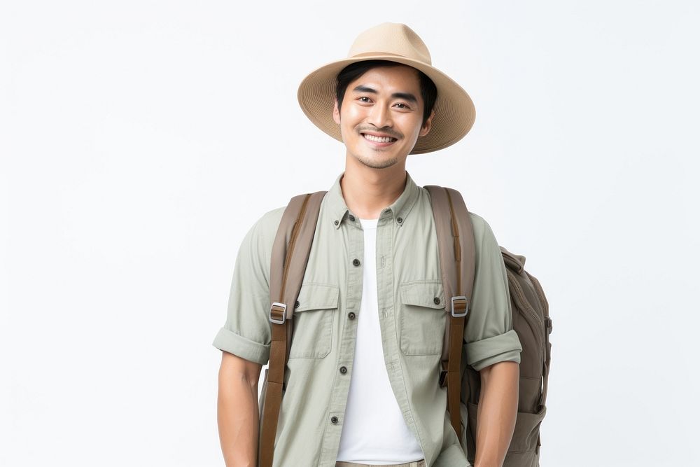 Asian man traveler smiling adult white background.