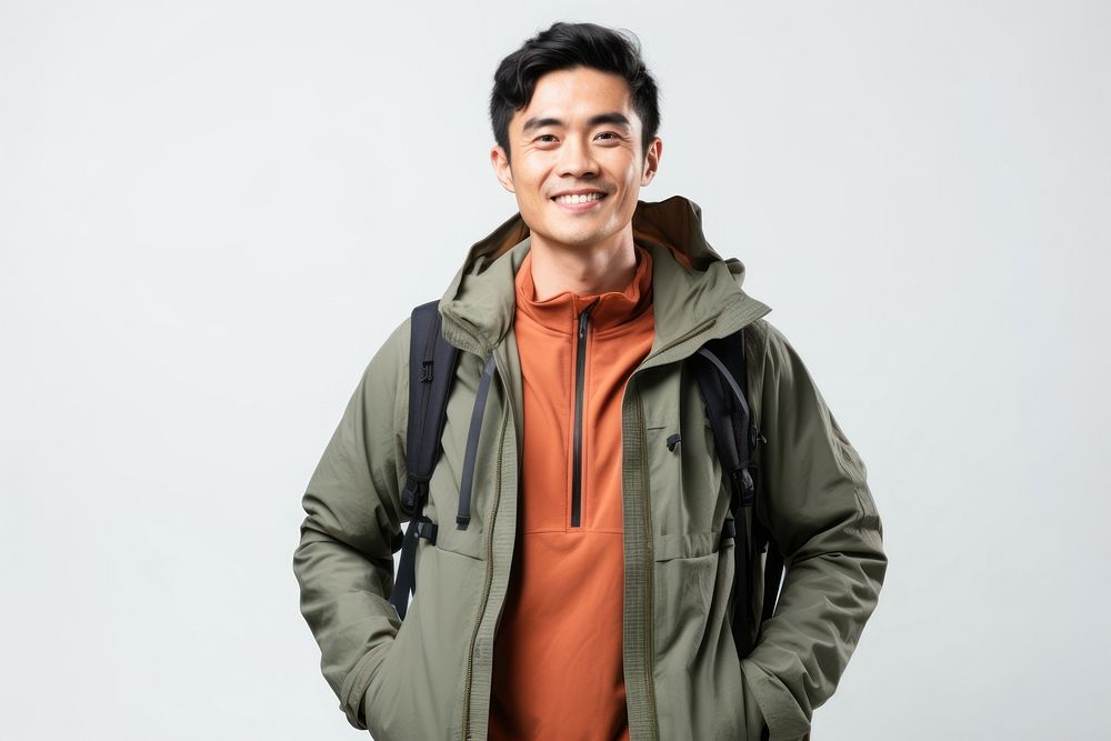 Asian man traveler portrait smiling jacket.