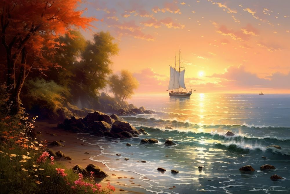 Beautiful seaside landscape sailboat painting outdoors.