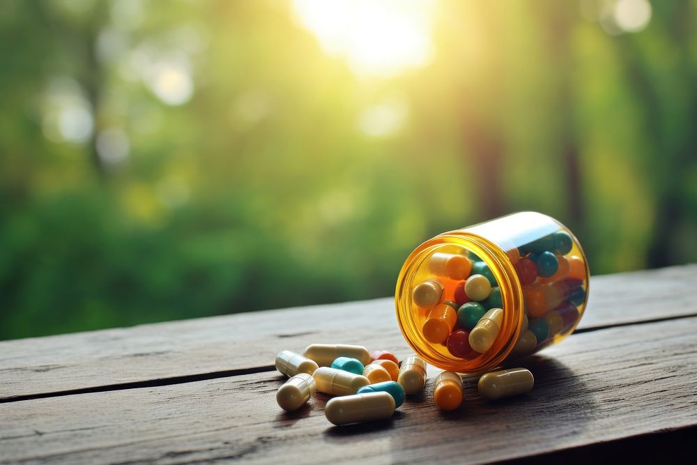 Medicine pills table medication sunlight. AI generated Image by rawpixel.