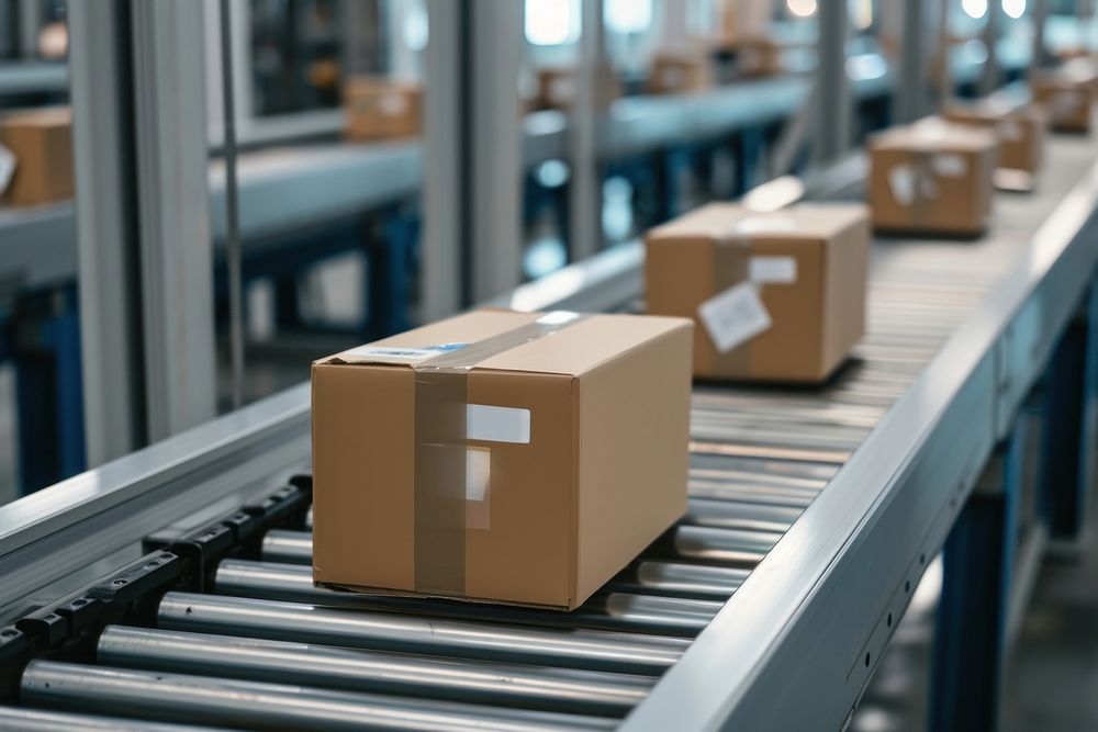 Boxes on a conveyor belt cardboard factory manufacturing.