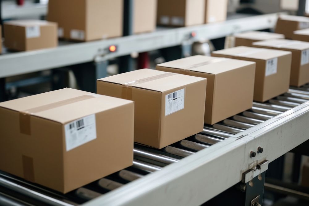 Boxes on a conveyor belt cardboard factory carton.