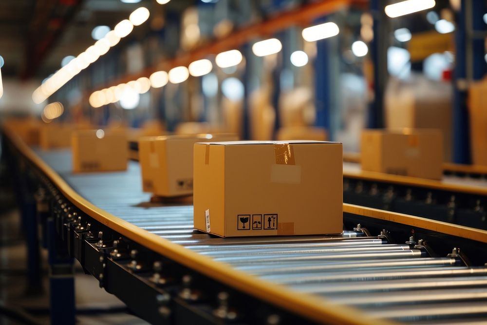 Boxes on a conveyor belt cardboard factory manufacturing.