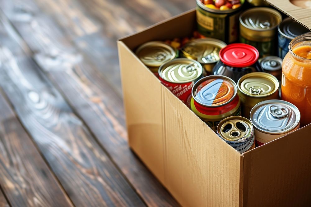 Canned goods box wood arrangement.