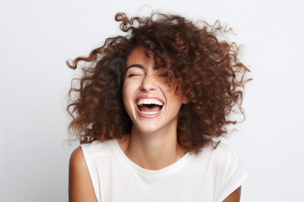 Casual woman with white top laughing adult face white background.