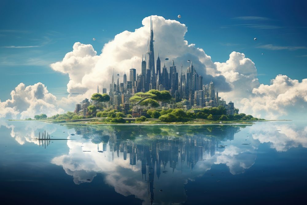 Island floating in sky city landscape outdoors.