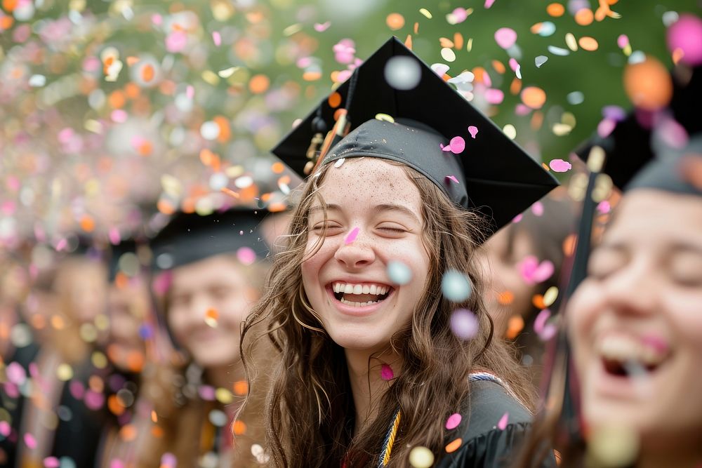 College graduations girls confetti laughing portrait.