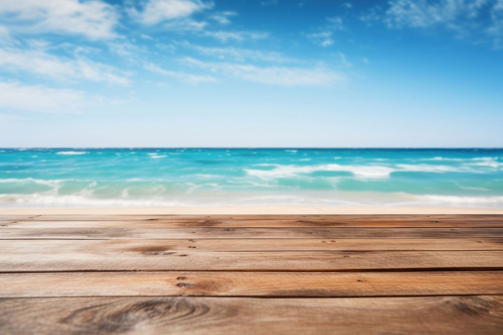 Empty wooden table beach sky backgrounds.