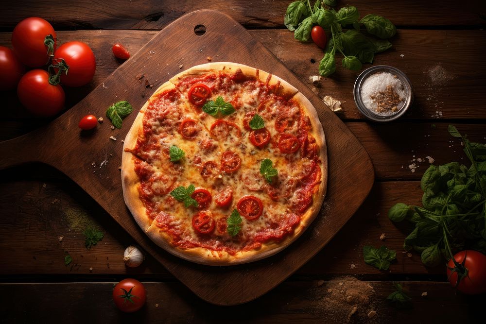 Freshly baked pizza rustic table food.