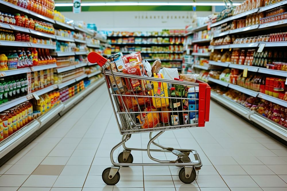 Full shopping cart supermarket aisle consumerism.