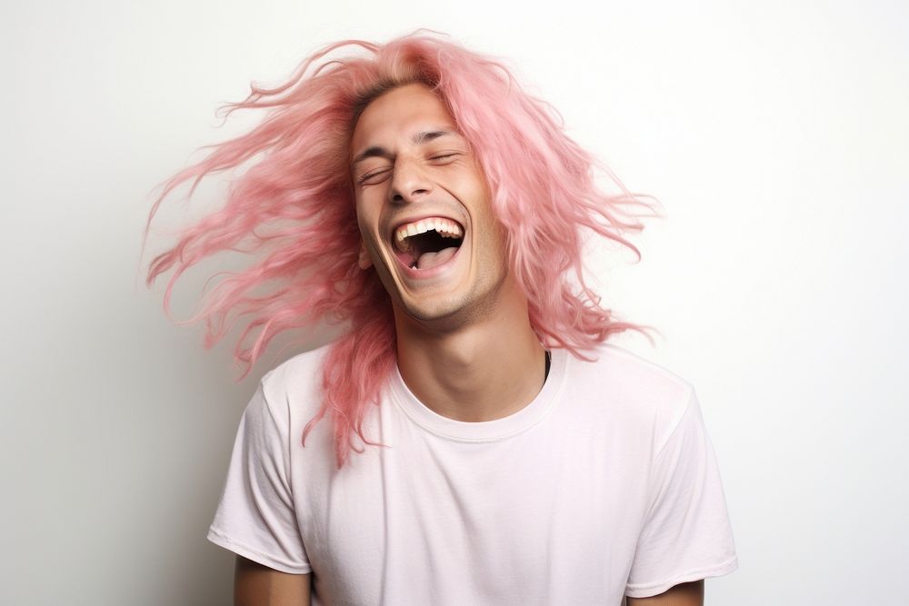 Gay man with white top laughing shouting adult pink.