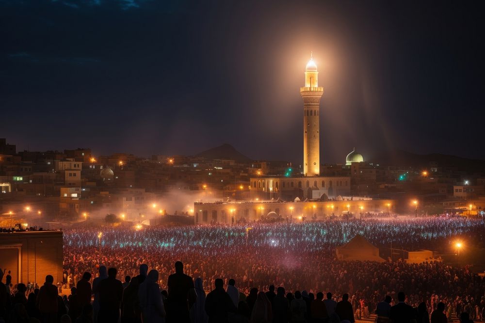 Huge crowd gathered around minaret architecture illuminated lighthouse.