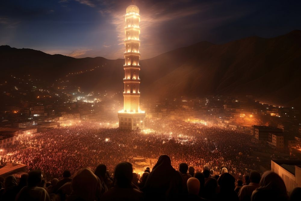 Huge crowd gathered around minaret architecture illuminated building.