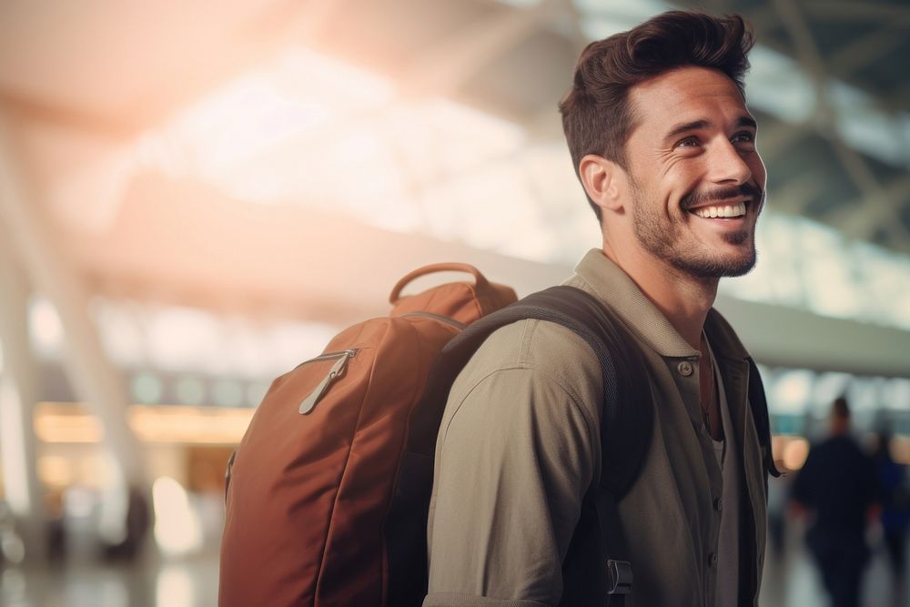 Man carrying backpack smiling adult smile.