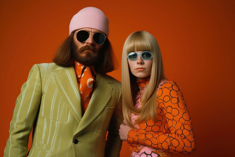 Man and woman in funky costumes posing for a fashion shoot sunglasses portrait adult. AI generated Image by rawpixel.