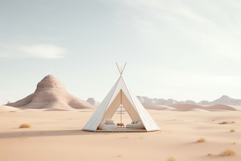 Minimalist tent outdoors desert nature.
