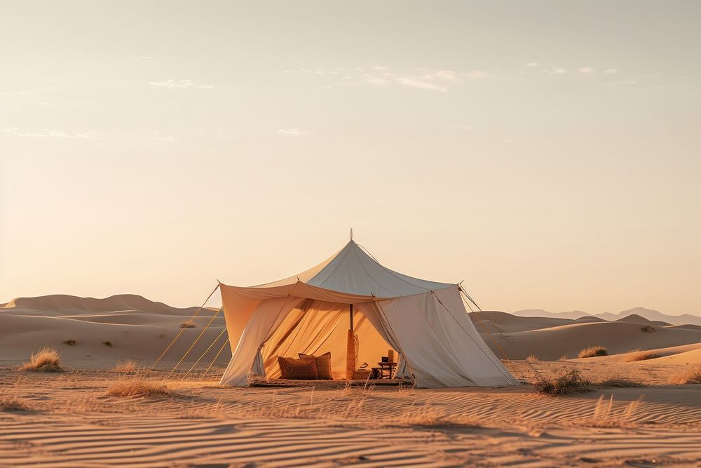 Minimalist tent outdoors camping desert.