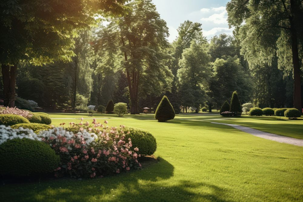 Manicured lawn and flowerbed outdoors park landscape.