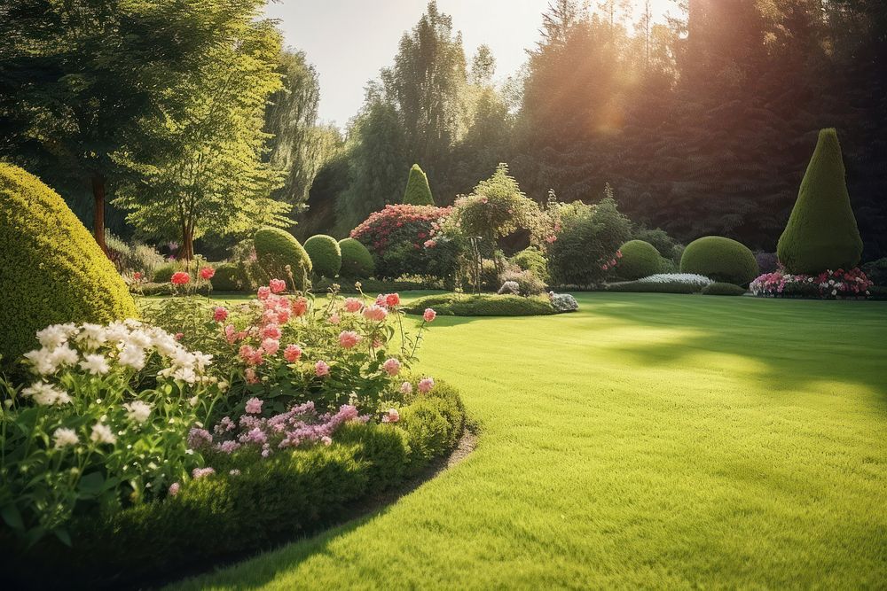 Manicured lawn and flowerbed outdoors park landscape.